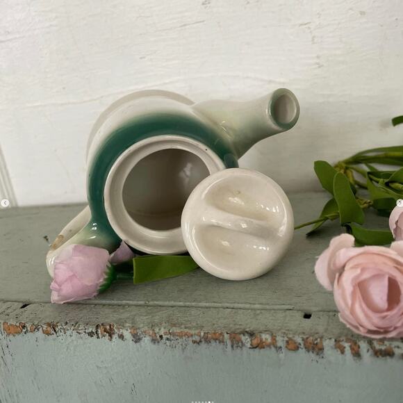 Vintage Ceramic Teapot Individual Green Rim Lid Restaurant Ware Sexton USA - Picture 6 of 7